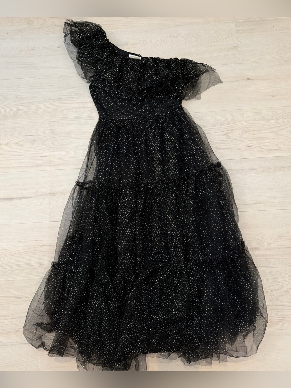 Flying Tomato Black One-Shoulder Tulle Dress with Sparkle